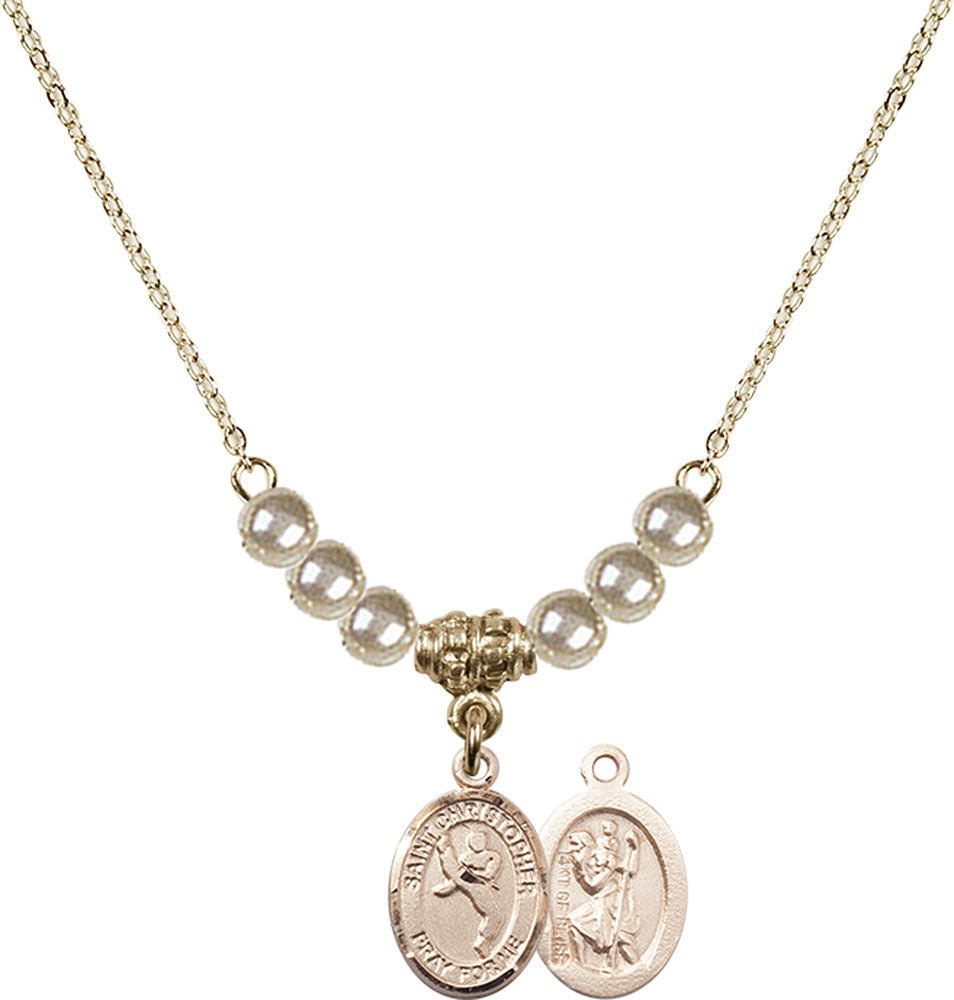 14kt Gold Filled Saint Christopher/Martial Arts Birthstone Necklace with Faux-Pearl Beads - 9158