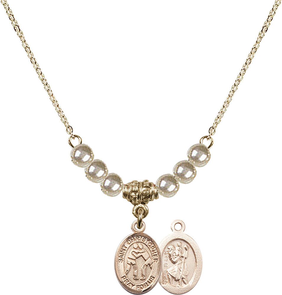 14kt Gold Filled Saint Christopher/Wrestling Birthstone Necklace with Faux-Pearl Beads - 9159