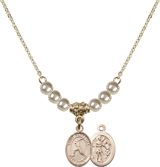 14kt Gold Filled Saint Sebastian/Baseball Birthstone Necklace with Faux-Pearl Beads - 9160