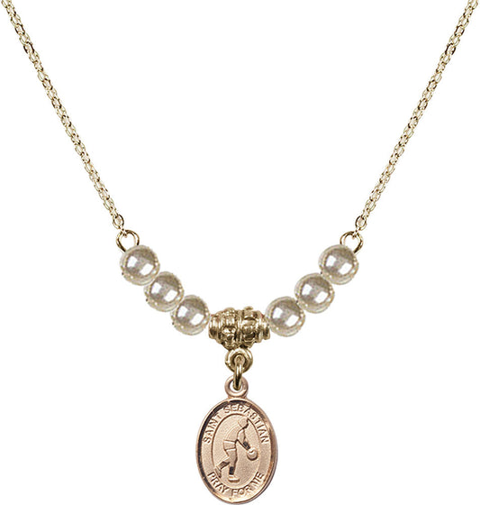 14kt Gold Filled Saint Sebastian/Basketball Birthstone Necklace with Faux-Pearl Beads - 9163