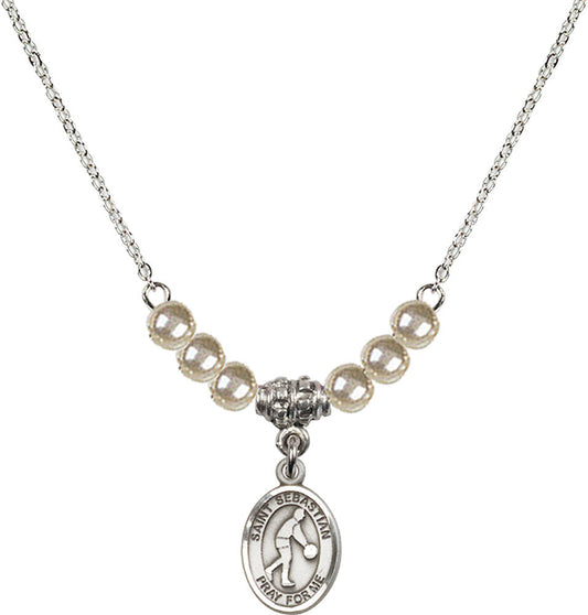 Sterling Silver Saint Sebastian/Basketball Birthstone Necklace with Faux-Pearl Beads - 9163