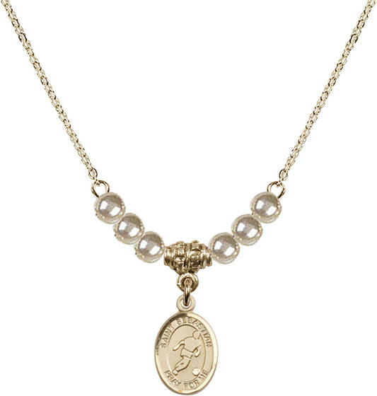 14kt Gold Filled Saint Sebastian/Soccer Birthstone Necklace with Faux-Pearl Beads - 9164