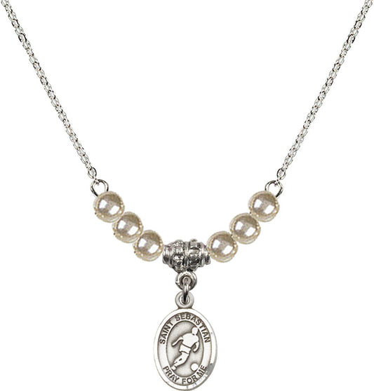 Sterling Silver Saint Sebastian/Soccer Birthstone Necklace with Faux-Pearl Beads - 9164
