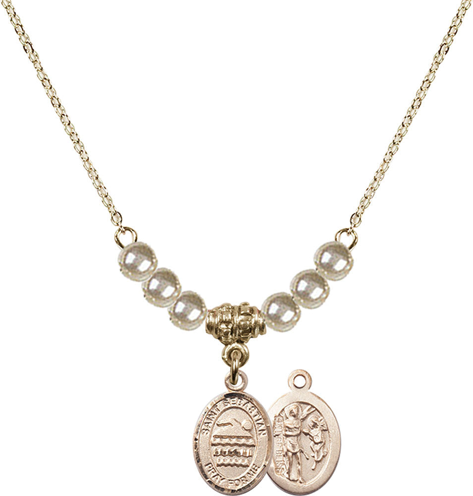 14kt Gold Filled Saint Sebastian/Swimming Birthstone Necklace with Faux-Pearl Beads - 9167