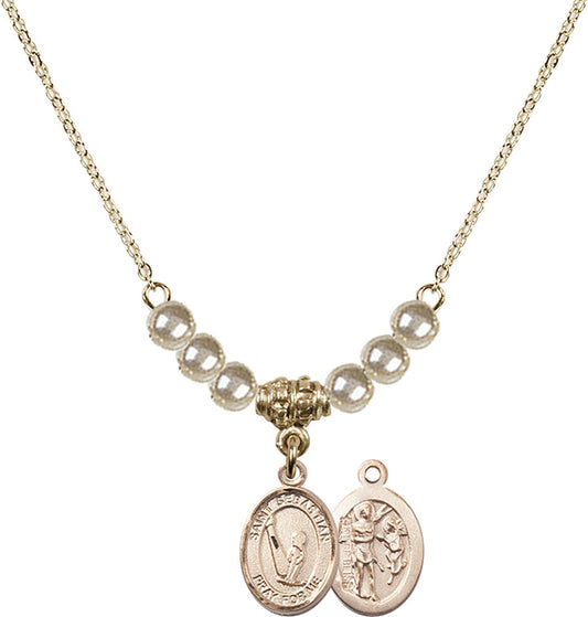 14kt Gold Filled Saint Sebastian/Gymnastics Birthstone Necklace with Faux-Pearl Beads - 9172