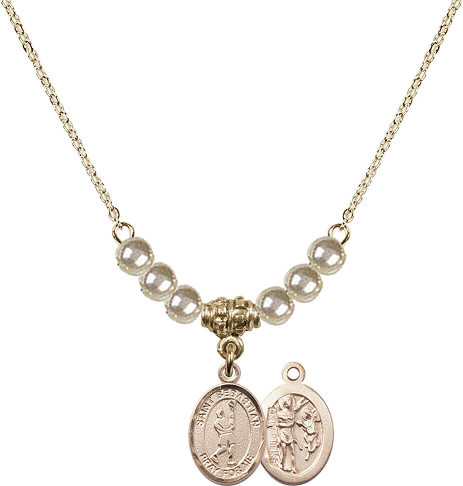 14kt Gold Filled Saint Sebastian/Lacrosse Birthstone Necklace with Faux-Pearl Beads - 9174