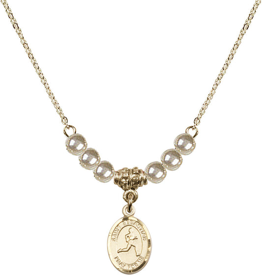 14kt Gold Filled Saint Sebastian/Track & Field Birthstone Necklace with Faux-Pearl Beads - 9176