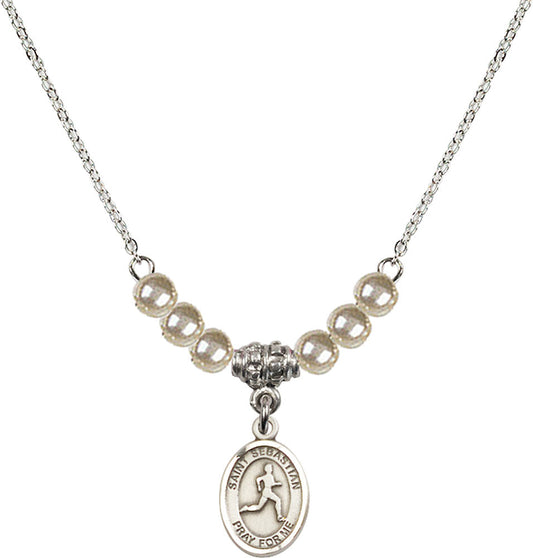 Sterling Silver Saint Sebastian/Track & Field Birthstone Necklace with Faux-Pearl Beads - 9176