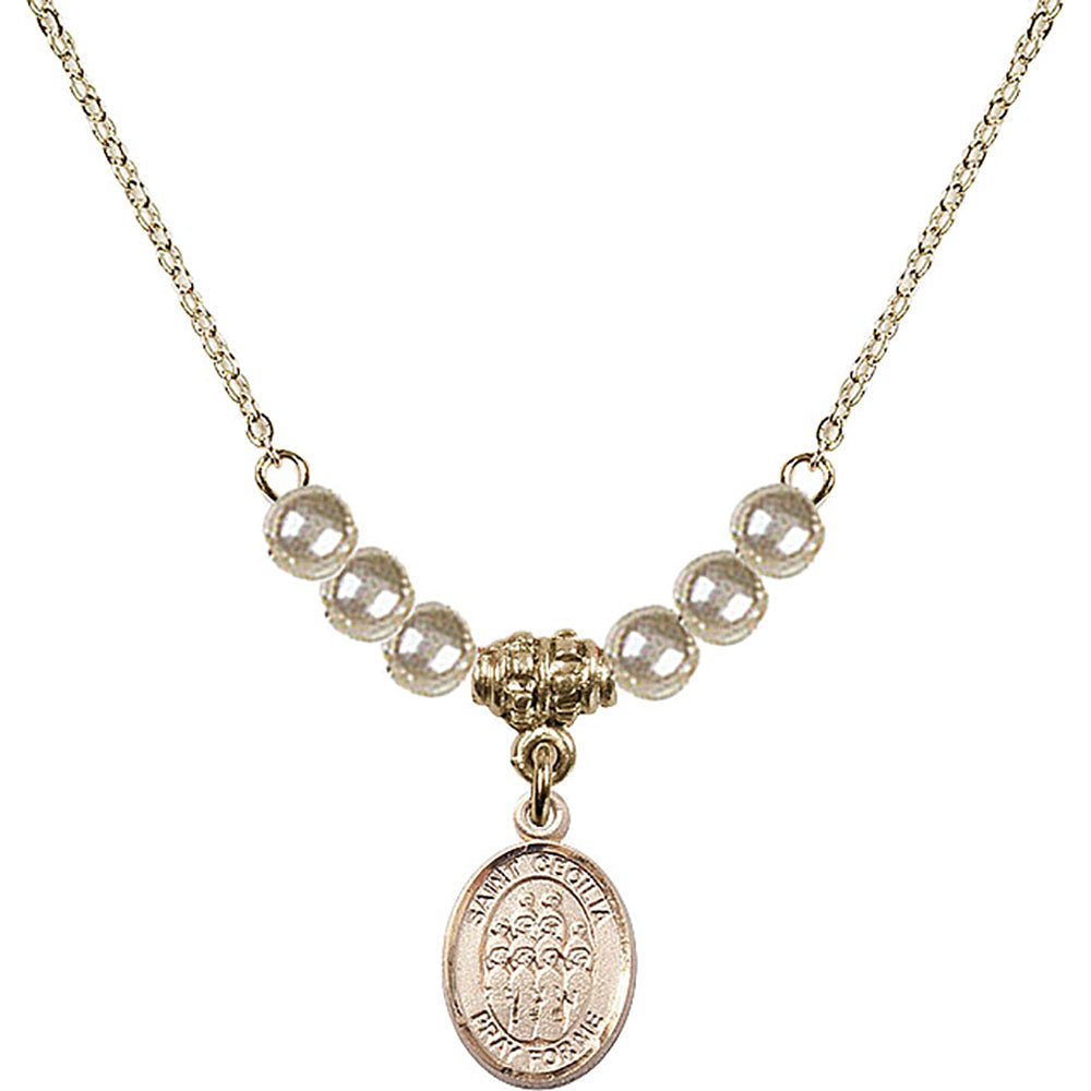 14kt Gold Filled Saint Cecilia / Choir Birthstone Necklace with Faux-Pearl Beads - 9180