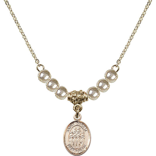 14kt Gold Filled Saint Cecilia / Choir Birthstone Necklace with Faux-Pearl Beads - 9180