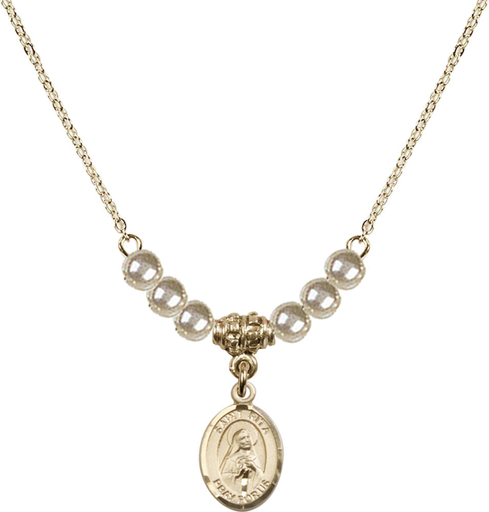 14kt Gold Filled Saint Rita / Baseball Birthstone Necklace with Faux-Pearl Beads - 9181