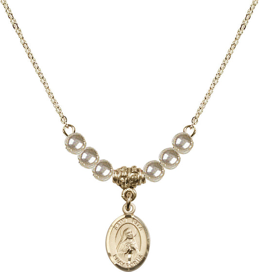 14kt Gold Filled Saint Rita / Baseball Birthstone Necklace with Faux-Pearl Beads - 9181