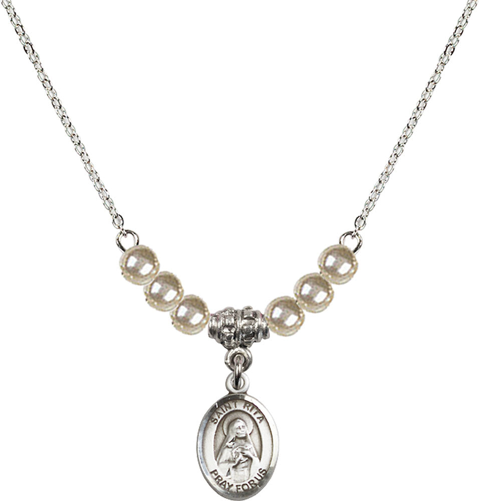 Sterling Silver Saint Rita / Baseball Birthstone Necklace with Faux-Pearl Beads - 9181