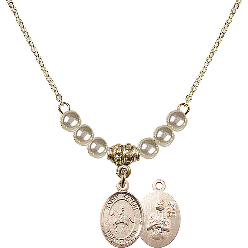 14kt Gold Filled Saint Kateri/Equestrian Birthstone Necklace with Faux-Pearl Beads - 9182