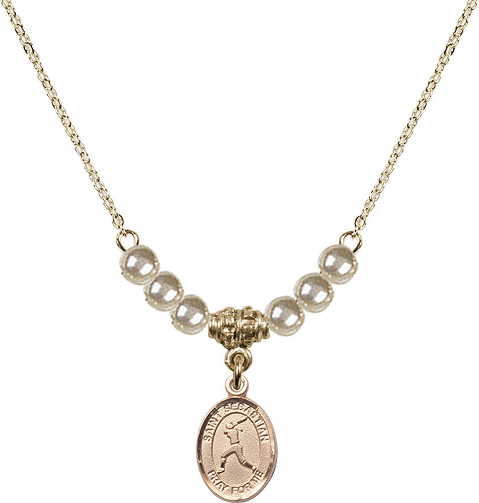 14kt Gold Filled Saint Sebastian/Softball Birthstone Necklace with Faux-Pearl Beads - 9183