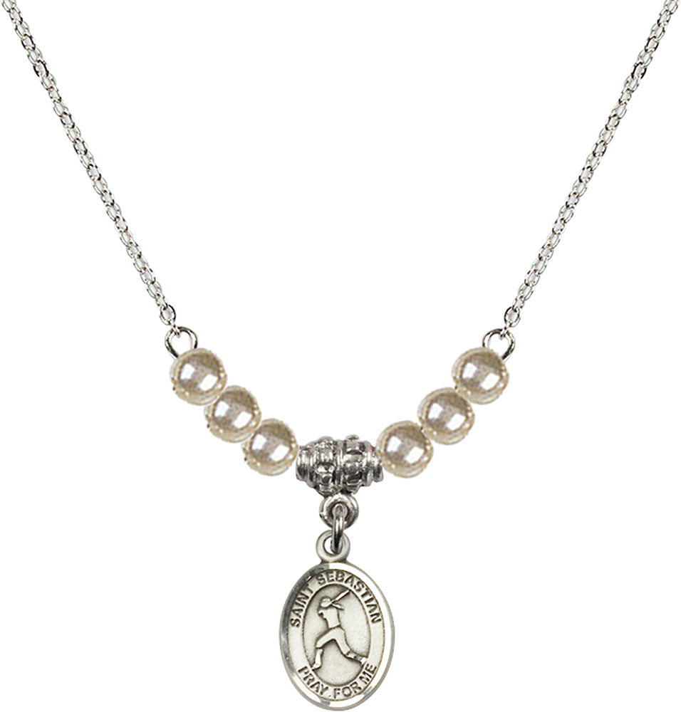 Sterling Silver Saint Sebastian/Softball Birthstone Necklace with Faux-Pearl Beads - 9183