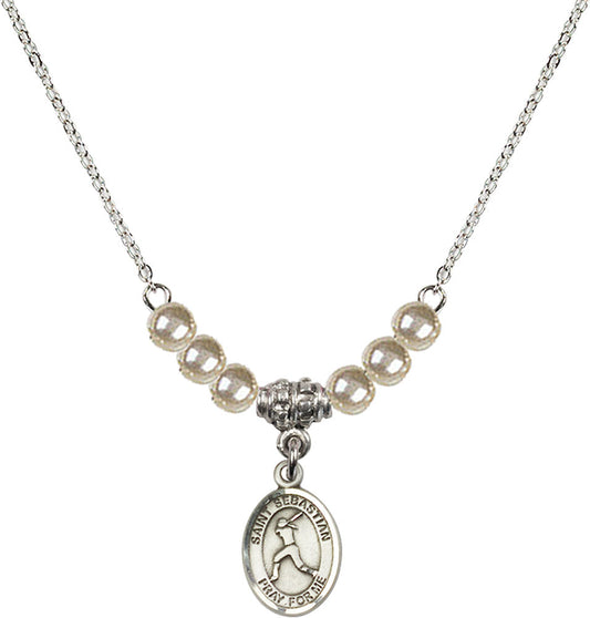 Sterling Silver Saint Sebastian/Softball Birthstone Necklace with Faux-Pearl Beads - 9183