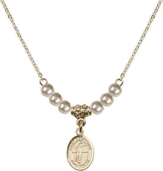 14kt Gold Filled Saint Sebastian / Volleyball Birthstone Necklace with Faux-Pearl Beads - 9186