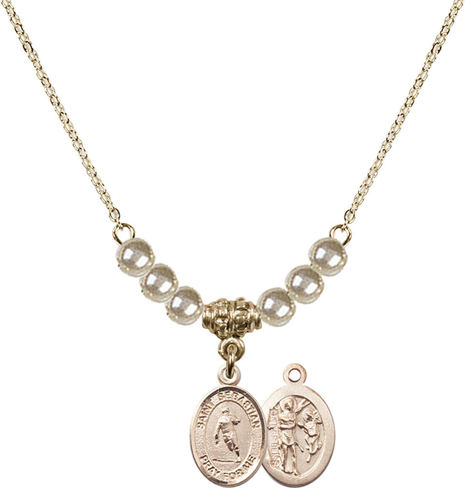14kt Gold Filled Saint Sebastian / Rugby Birthstone Necklace with Faux-Pearl Beads - 9187