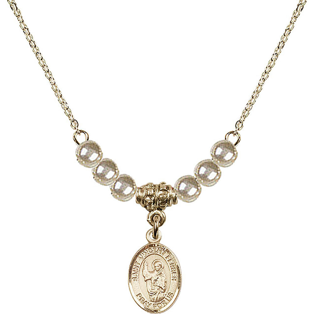 14kt Gold Filled Saint Vincent Ferrer Birthstone Necklace with Faux-Pearl Beads - 9201