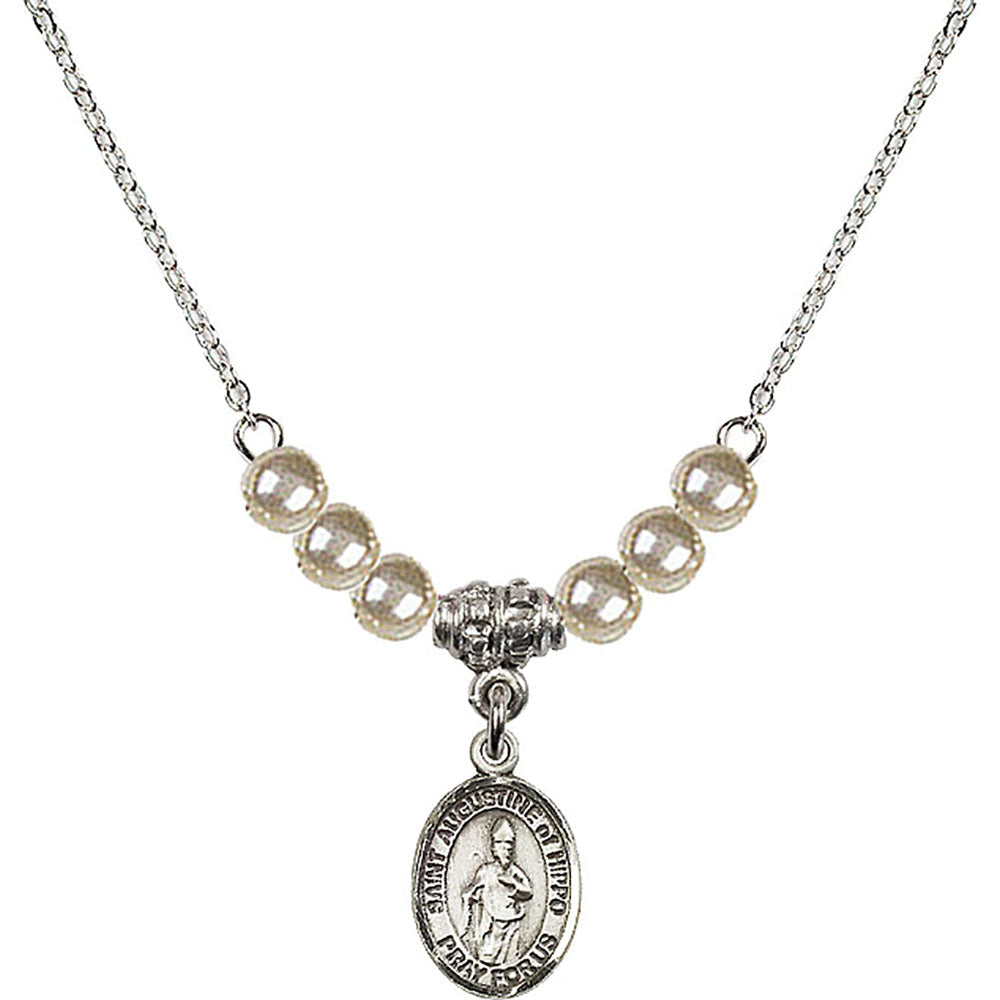 Sterling Silver Saint Augustine of Hippo Birthstone Necklace with Faux-Pearl Beads - 9202