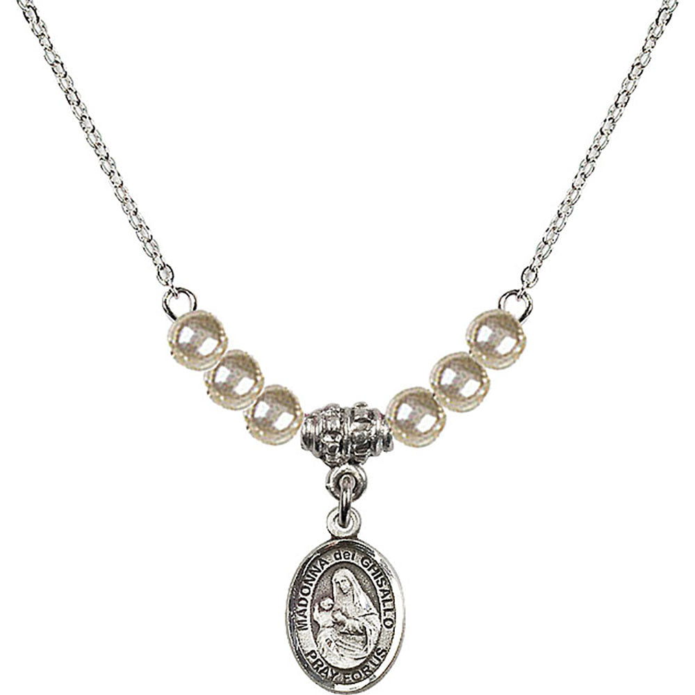 Sterling Silver Madonna del Ghisallo Birthstone Necklace with Faux-Pearl Beads - 9203