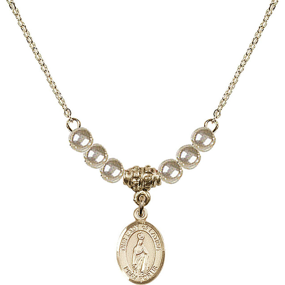 14kt Gold Filled Our Lady of Fatima Birthstone Necklace with Faux-Pearl Beads - 9205