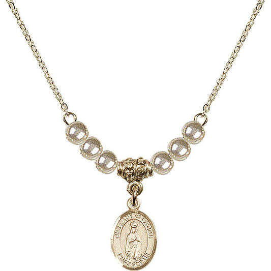 14kt Gold Filled Our Lady of Fatima Birthstone Necklace with Faux-Pearl Beads - 9205