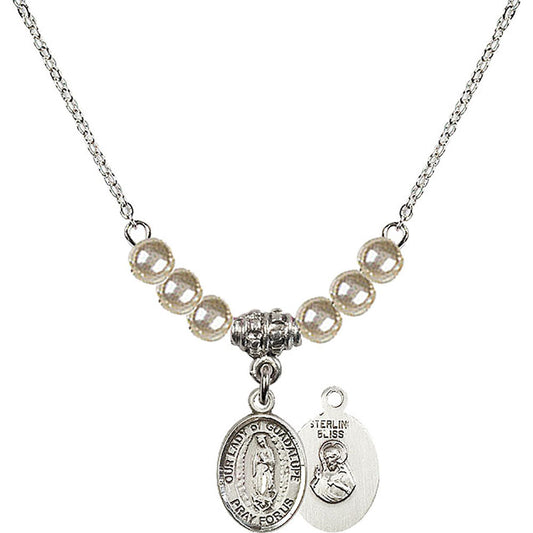 Sterling Silver Our Lady of Guadalupe Birthstone Necklace with Faux-Pearl Beads - 9206