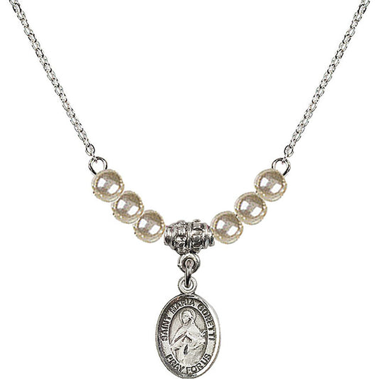 Sterling Silver Saint Maria Goretti Birthstone Necklace with Faux-Pearl Beads - 9208
