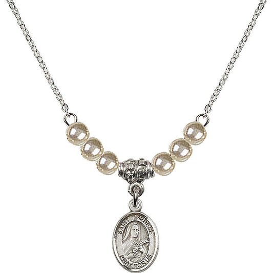 Sterling Silver Saint Therese of Lisieux Birthstone Necklace with Faux-Pearl Beads - 9210