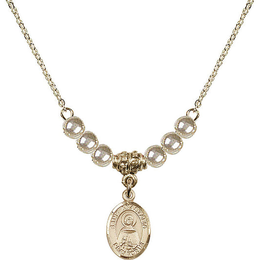 14kt Gold Filled Saint Anastasia Birthstone Necklace with Faux-Pearl Beads - 9213