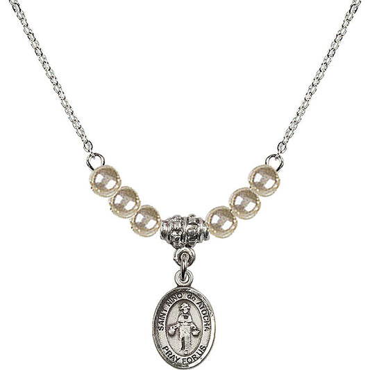 Sterling Silver Saint Nino de Atocha Birthstone Necklace with Faux-Pearl Beads - 9214
