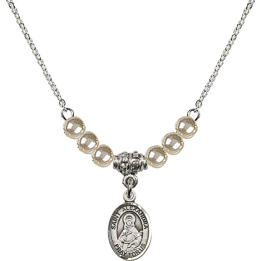 Sterling Silver Saint Alexandra Birthstone Necklace with Faux-Pearl Beads - 9215