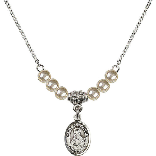 Sterling Silver Saint Alexandra Birthstone Necklace with Faux-Pearl Beads - 9215