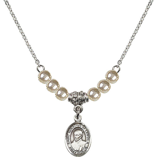 Sterling Silver Saint Ignatius of Loyola Birthstone Necklace with Faux-Pearl Beads - 9217
