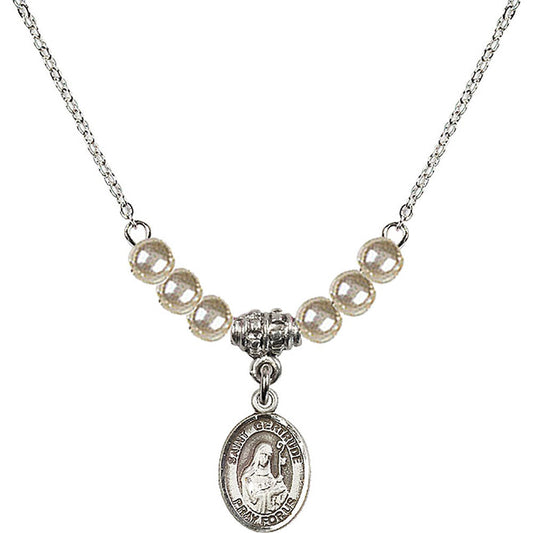 Sterling Silver Saint Gertrude of Nivelles Birthstone Necklace with Faux-Pearl Beads - 9219