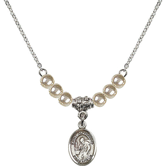 Sterling Silver Saint Alphonsus Birthstone Necklace with Faux-Pearl Beads - 9221