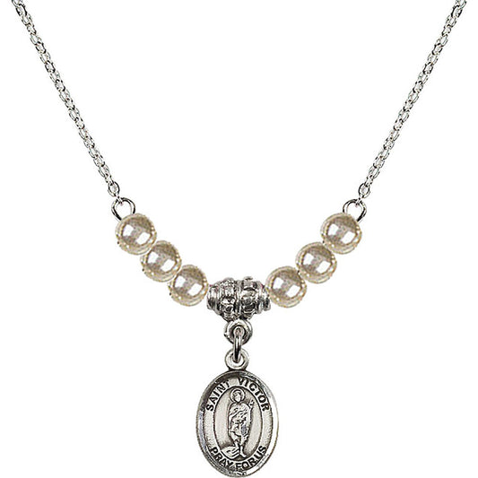 Sterling Silver Saint Victor of Marseilles Birthstone Necklace with Faux-Pearl Beads - 9223
