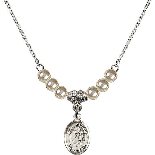 Sterling Silver Saint Aloysius Gonzaga Birthstone Necklace with Faux-Pearl Beads - 9225