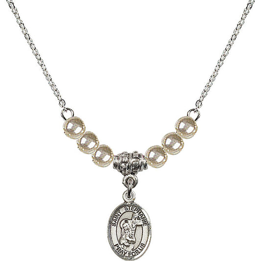 Sterling Silver Saint Stephanie Birthstone Necklace with Faux-Pearl Beads - 9228