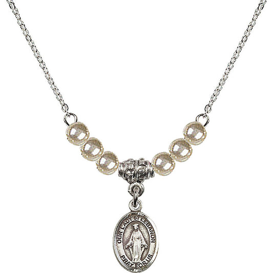 Sterling Silver Our Lady of Lebanon Birthstone Necklace with Faux-Pearl Beads - 9229