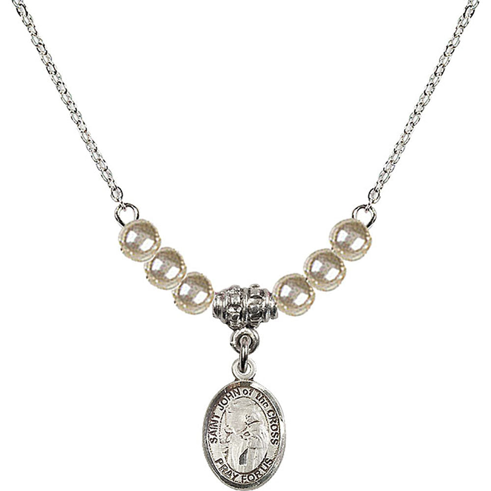 Sterling Silver Saint John of the Cross Birthstone Necklace with Faux-Pearl Beads - 9231