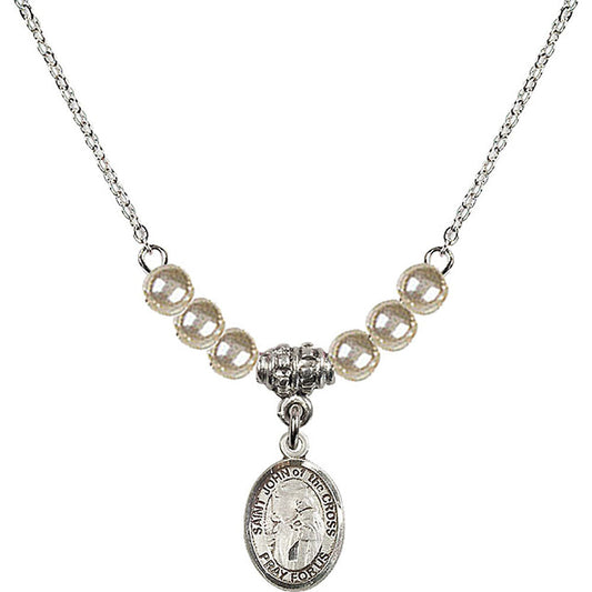 Sterling Silver Saint John of the Cross Birthstone Necklace with Faux-Pearl Beads - 9231