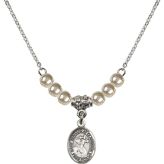Sterling Silver Saint Bernard of Clairvaux Birthstone Necklace with Faux-Pearl Beads - 9233