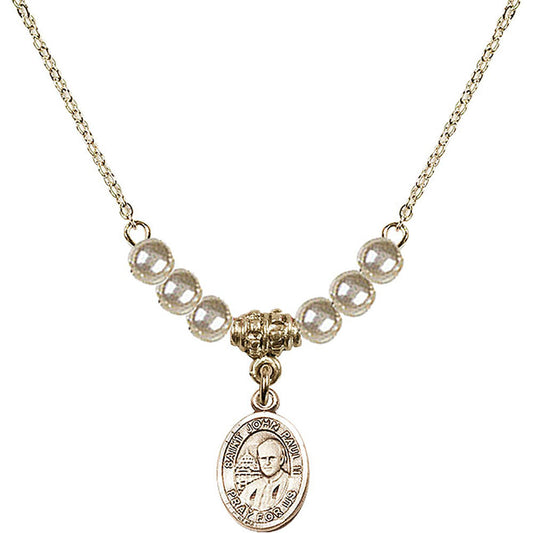 14kt Gold Filled Saint John Paul II Birthstone Necklace with Faux-Pearl Beads - 9234