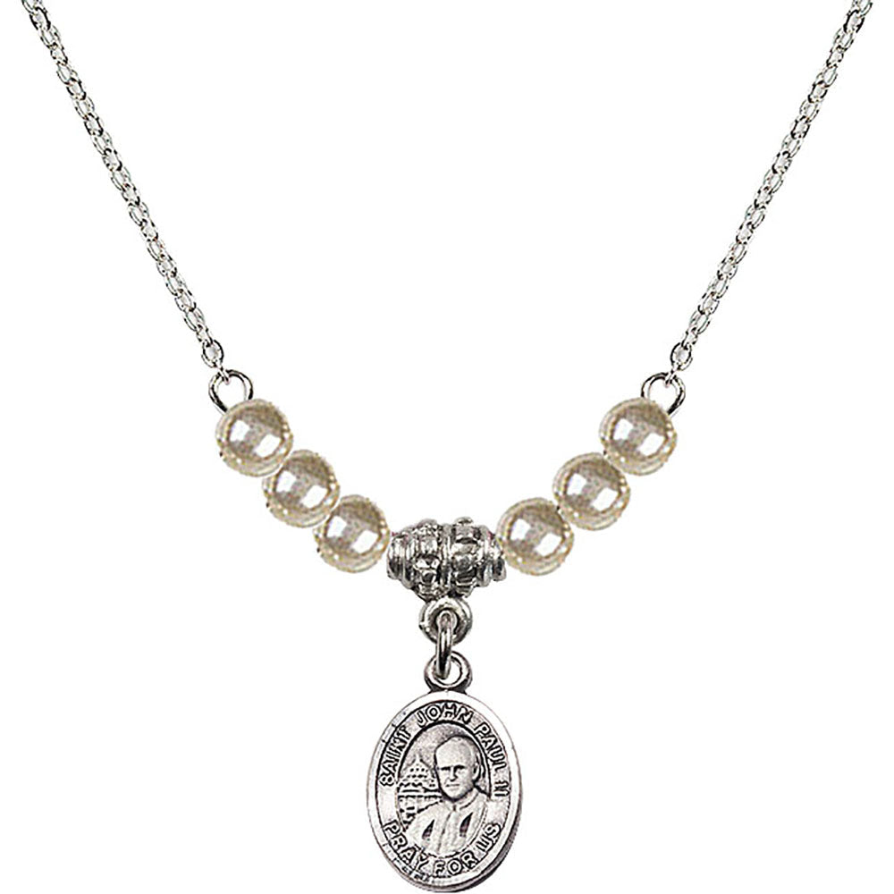 Sterling Silver Saint John Paul II Birthstone Necklace with Faux-Pearl Beads - 9234