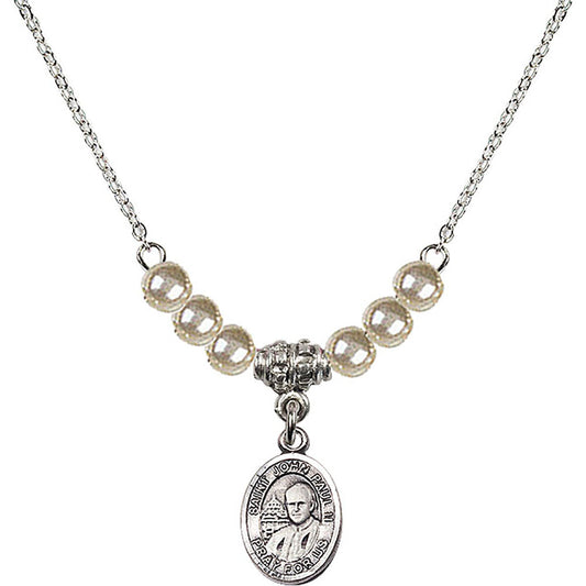 Sterling Silver Saint John Paul II Birthstone Necklace with Faux-Pearl Beads - 9234