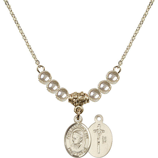 14kt Gold Filled Pope Emeritace Benedict XVI Birthstone Necklace with Faux-Pearl Beads - 9235