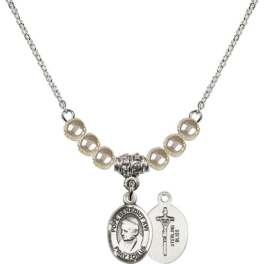 Sterling Silver Pope Emeritace Benedict XVI Birthstone Necklace with Faux-Pearl Beads - 9235